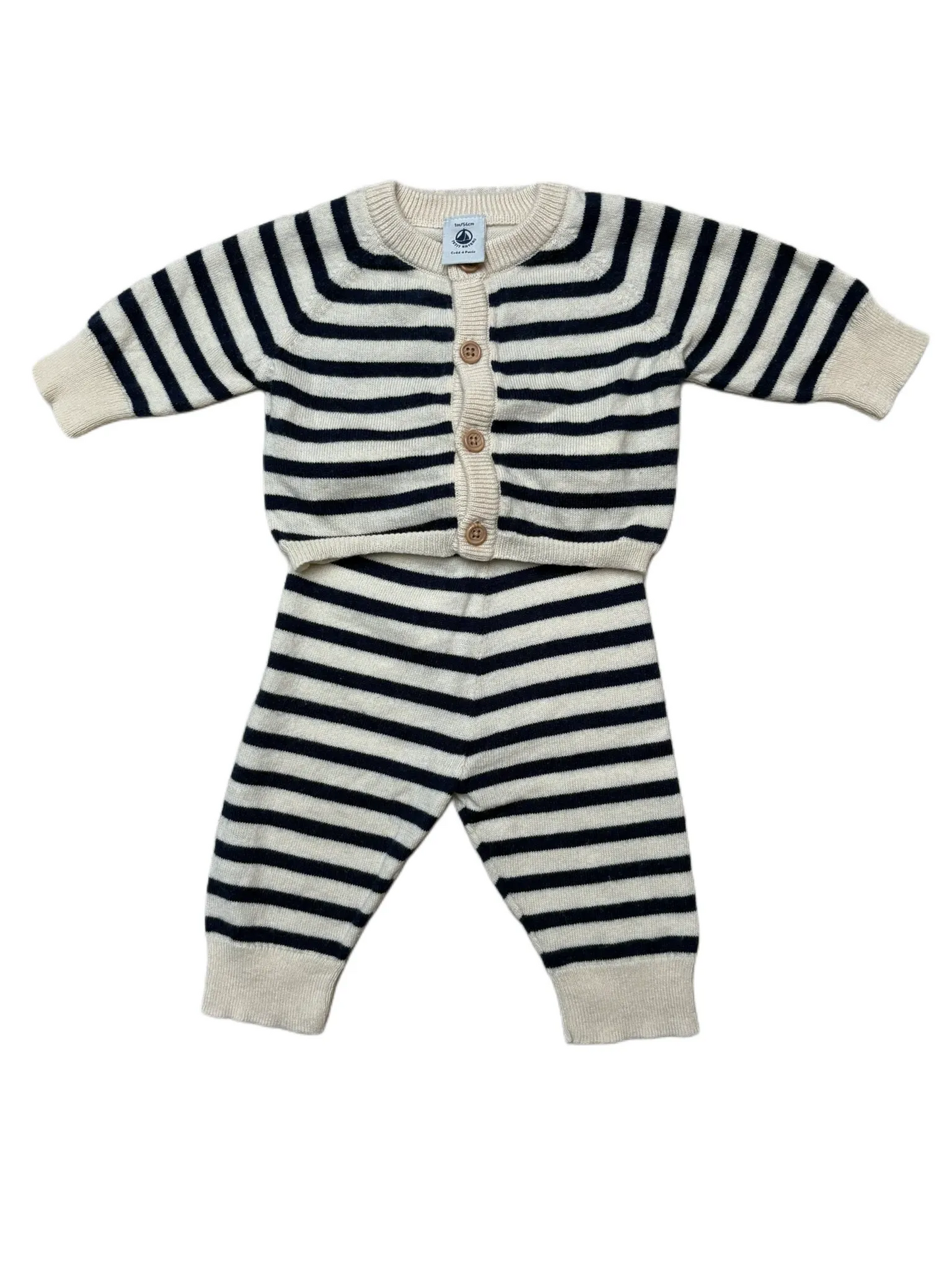 Petit Bateau Blue & White Striped Sweater Ensemble (1M)