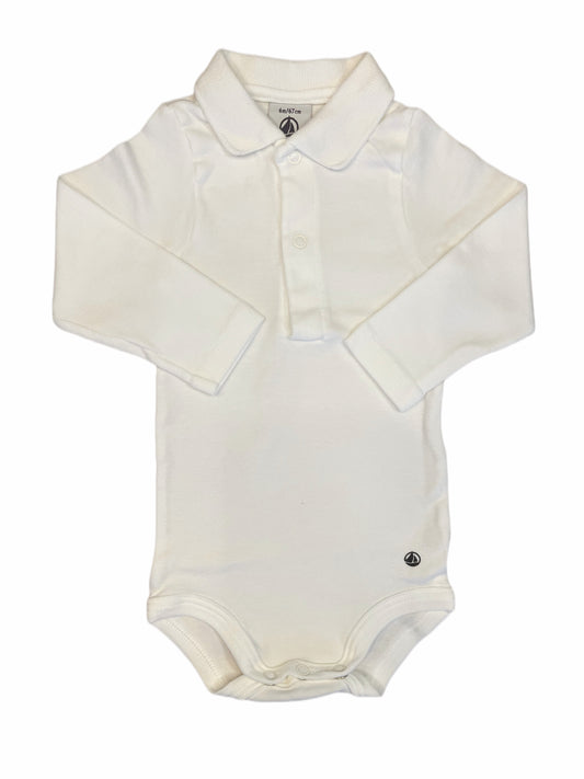 Petit Bateau Long Sleeve Polo Shirt Bodysuit in White (6M)