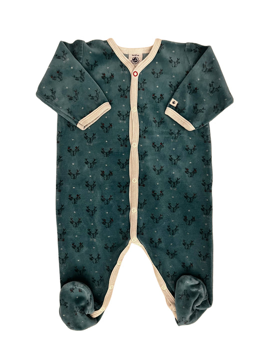 Petit Bateau Teal Reindeer Velour Pajamas (6M)