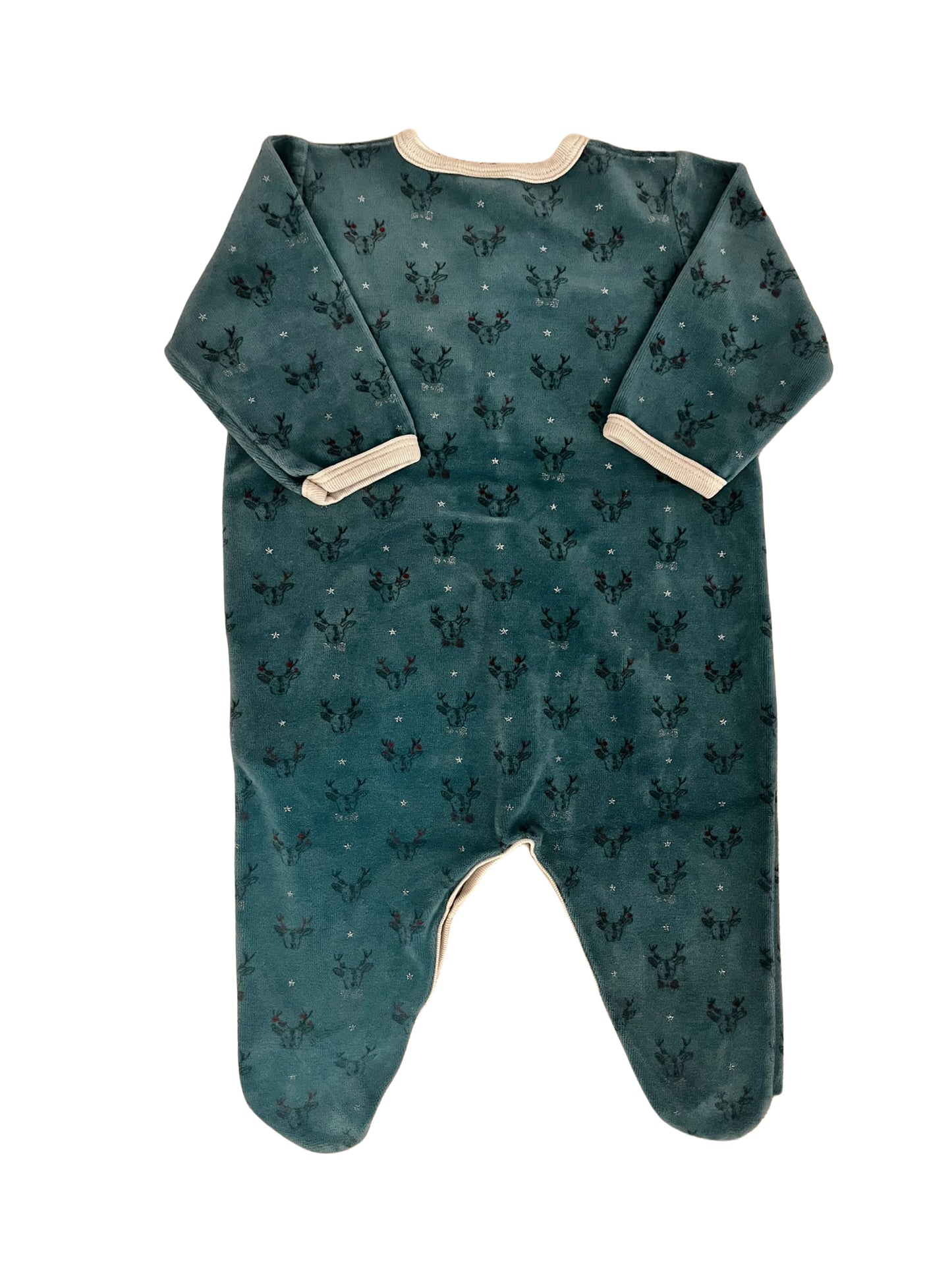 Petit Bateau Teal Reindeer Velour Pajamas (6M)